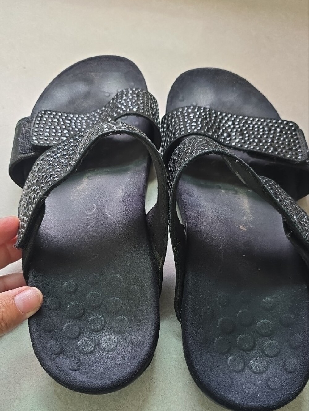 Vionic Black Double-Strap Jeweled Slide Sandals - Picture 2 of 5